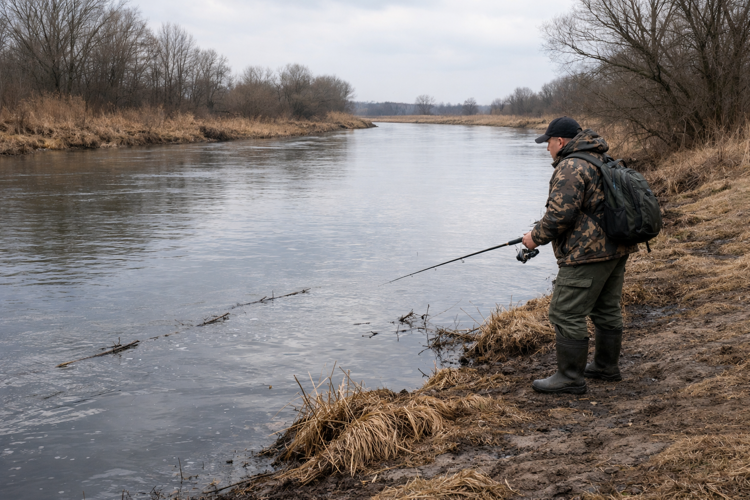 Рибалка оцінює весняний берег і рівень води перед початком ловлі.